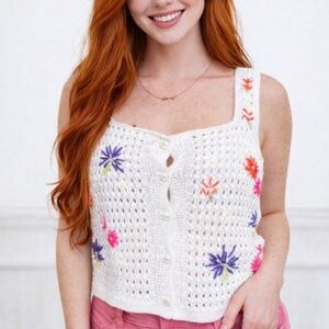 Women's White Birch White Floral Crochet Tank Top XL